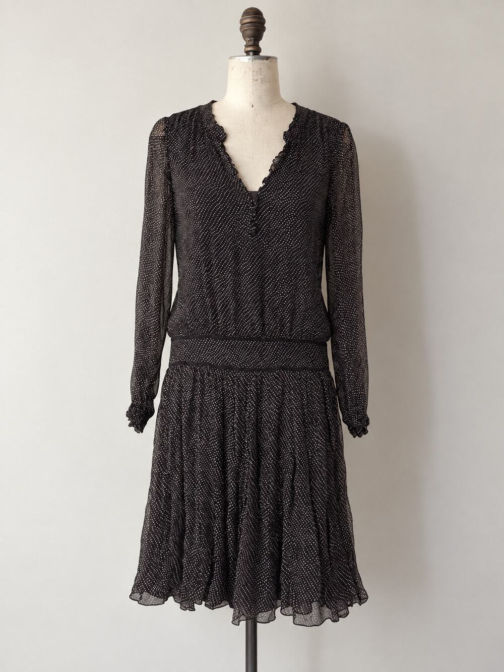 Vintage TCN Barcelona Sheer Silk Polka-Dot Drop-Waist Dress Size 38